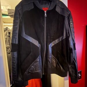Men's Black Bomber Jacket - Leather Accent